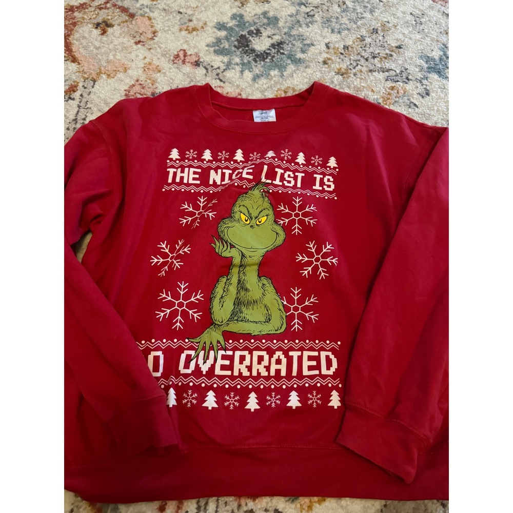 Dr. Seuss The Grinch Nice List Overrated Red Graphic Sweatshirt XL Christmas